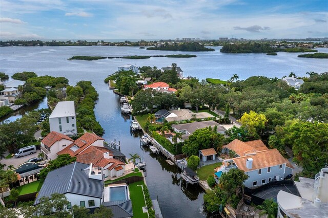 drone / aerial view featuring a water view