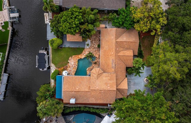 aerial view featuring a water view