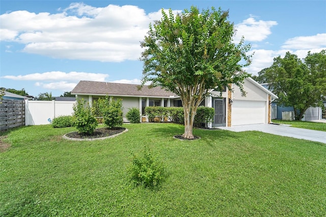 ranch-style house with a garage and a front lawn