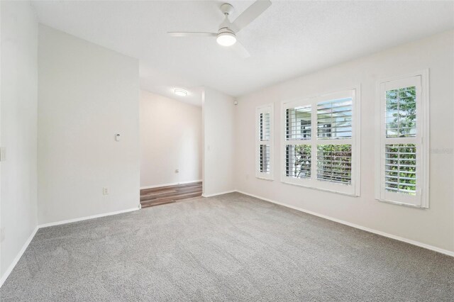 spare room with ceiling fan and carpet