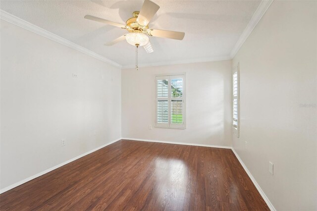 unfurnished room featuring ornamental molding, wood-type flooring, and ceiling fan