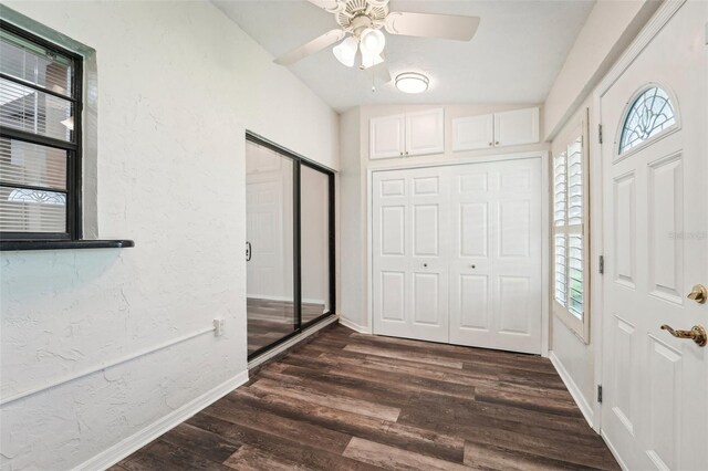 entrance foyer featuring lofted ceiling, ceiling fan, and dark hardwood / wood-style floors