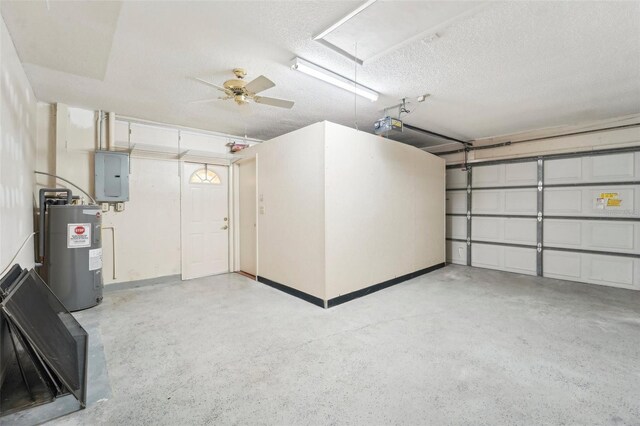 garage with a garage door opener, ceiling fan, electric panel, and electric water heater