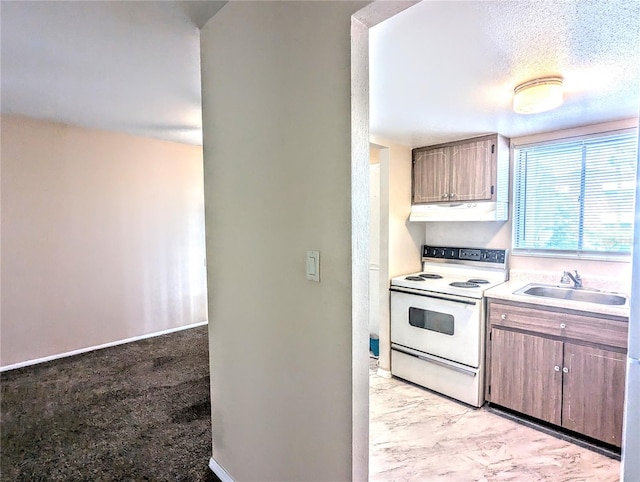 kitchen featuring a textured ceiling, sink, light tile patterned floors, and white electric stove