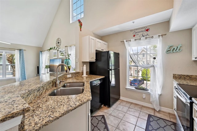 kitchen featuring plenty of natural light, sink, white cabinetry, and black appliances