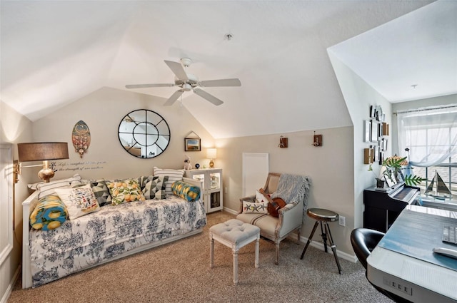 living room with lofted ceiling, ceiling fan, and carpet