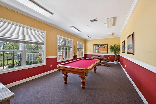 playroom with crown molding, dark colored carpet, and pool table