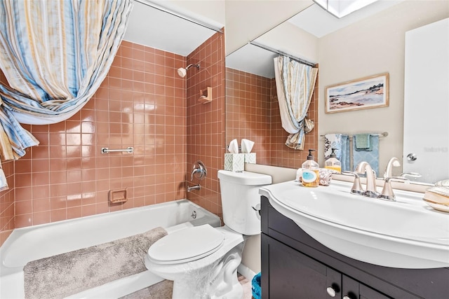 full bathroom with vanity, toilet, and shower / bathtub combination with curtain