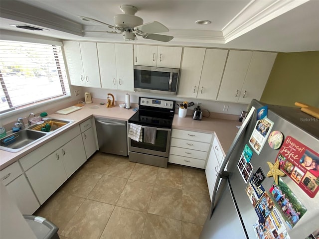 kitchen featuring crown molding, sink, ceiling fan, a tray ceiling, and appliances with stainless steel finishes