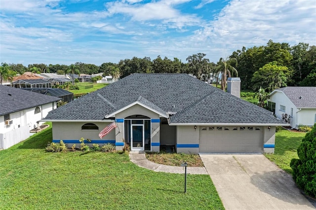 ranch-style home with a garage and a front yard