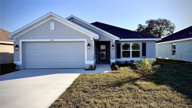 single story home featuring a garage, a shingled roof, driveway, stucco siding, and a front yard