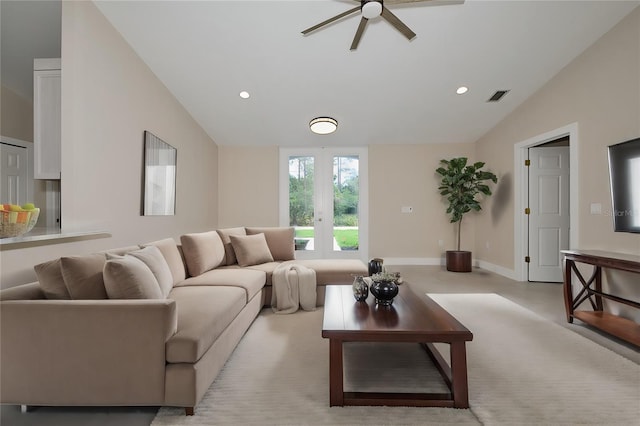 living area with visible vents, recessed lighting, ceiling fan, vaulted ceiling, and french doors