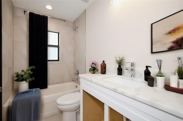 full bathroom with visible vents, shower / washtub combination, toilet, recessed lighting, and vanity