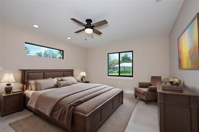 bedroom with recessed lighting and ceiling fan