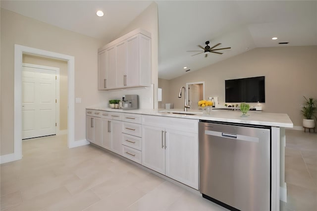 kitchen featuring a ceiling fan, a sink, light countertops, white cabinets, and dishwasher