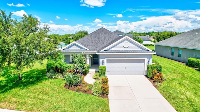 view of front of property featuring a garage and a front lawn