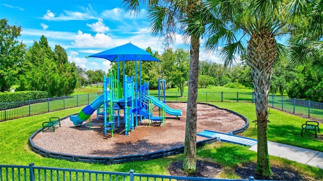 view of jungle gym with a yard