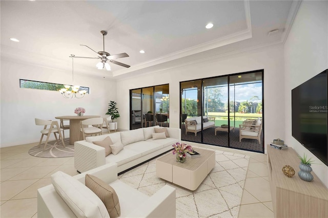 living room featuring light tile patterned floors, ceiling fan with notable chandelier, a raised ceiling, and ornamental molding