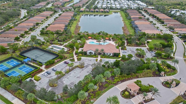 drone / aerial view with a water view