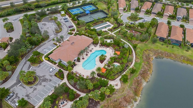 drone / aerial view featuring a water view