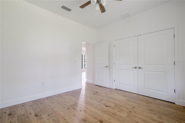 unfurnished bedroom featuring a closet, ceiling fan, and light hardwood / wood-style floors