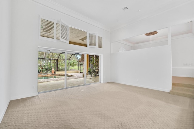 spare room with carpet, ornamental molding, and a high ceiling