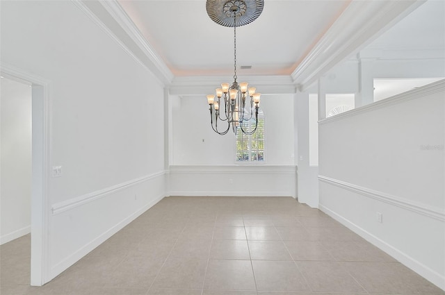 unfurnished room with crown molding, light tile patterned floors, a raised ceiling, and an inviting chandelier