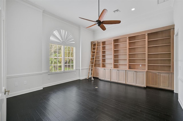 spare room featuring ornamental molding, ceiling fan, and dark hardwood / wood-style floors