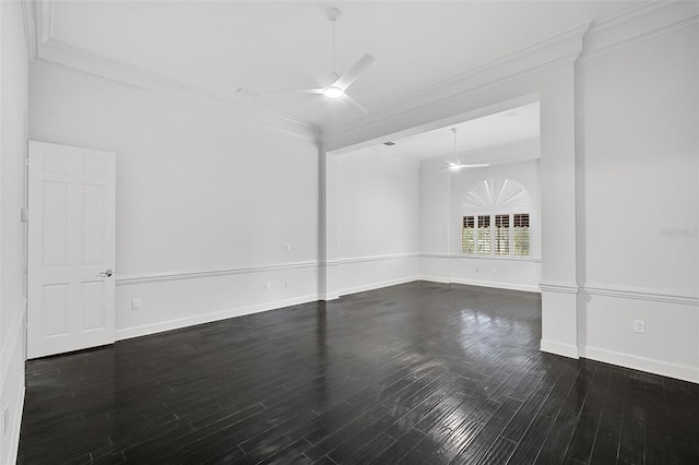 spare room featuring ceiling fan, dark hardwood / wood-style flooring, and ornamental molding