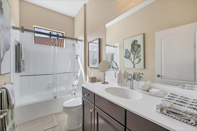 full bathroom with tile patterned floors, enclosed tub / shower combo, toilet, and vanity