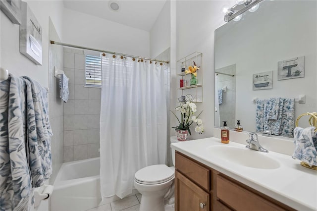 full bathroom with shower / bath combo with shower curtain, tile patterned flooring, vanity, and toilet