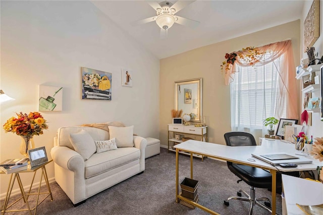 office space featuring dark colored carpet and ceiling fan