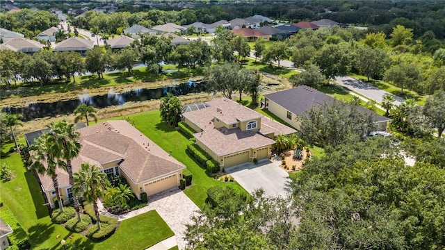 aerial view featuring a water view