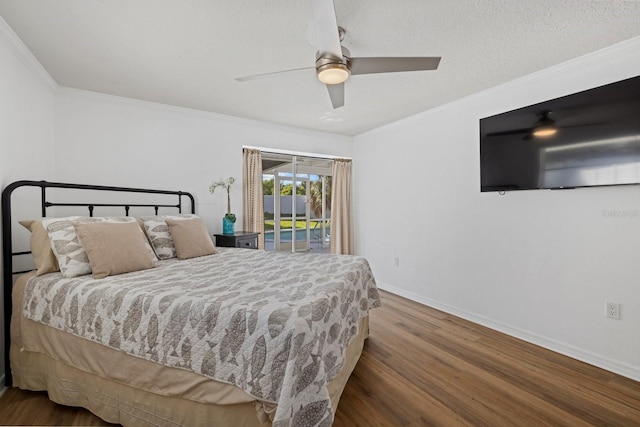 bedroom with crown molding, access to outside, wood finished floors, and baseboards