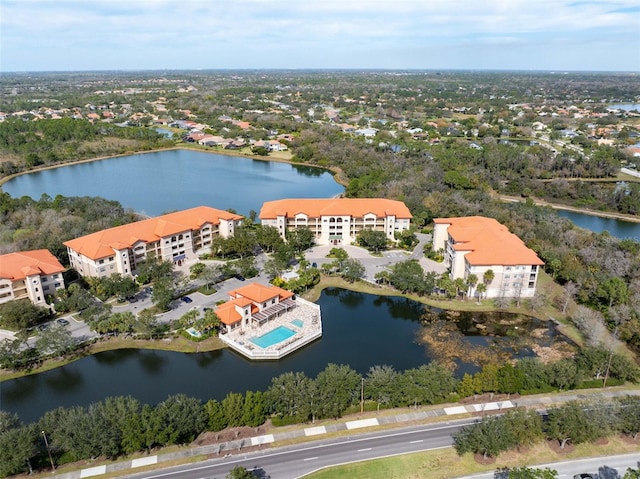 aerial view featuring a water view