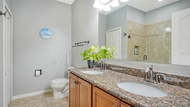 bathroom featuring tile patterned flooring, vanity, toilet, and an enclosed shower