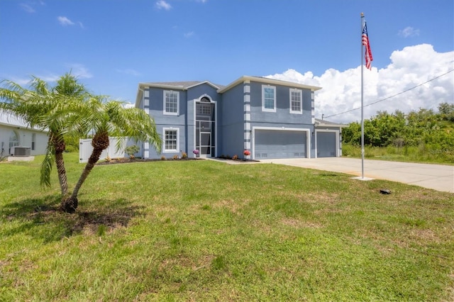 view of front of property featuring stucco siding, an attached garage, a front yard, cooling unit, and driveway