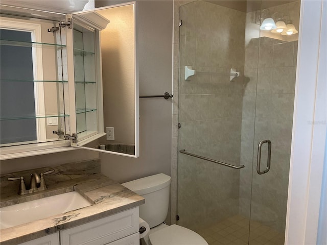 full bathroom with a shower stall, toilet, and vanity