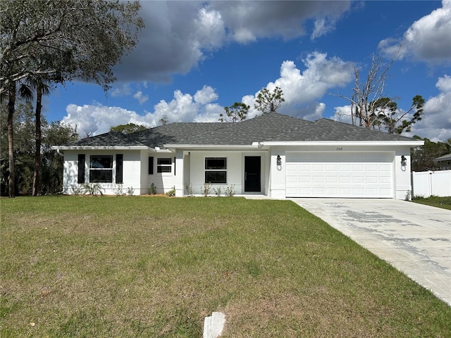 single story home featuring concrete driveway, a garage, a front yard, and stucco siding