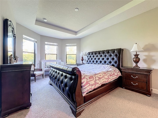 carpeted bedroom featuring a raised ceiling and a textured ceiling