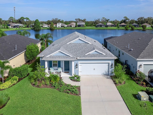 ranch-style house featuring a front yard, a water view, and a garage