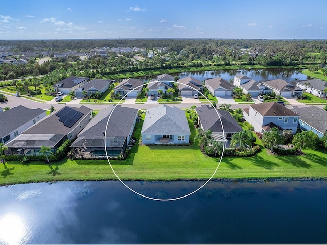 drone / aerial view featuring a water view