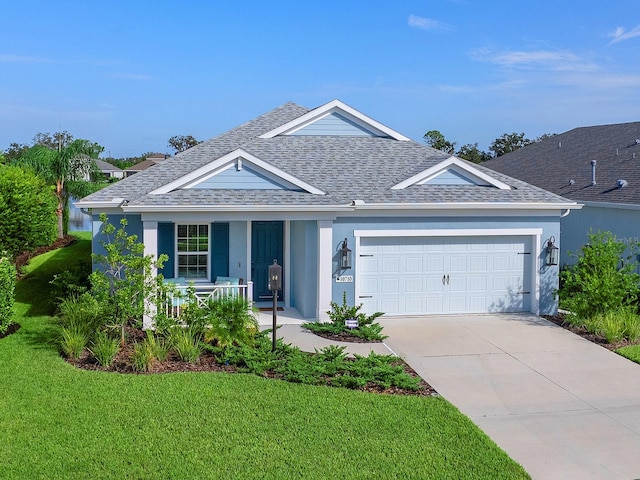 ranch-style home with a garage and a front lawn