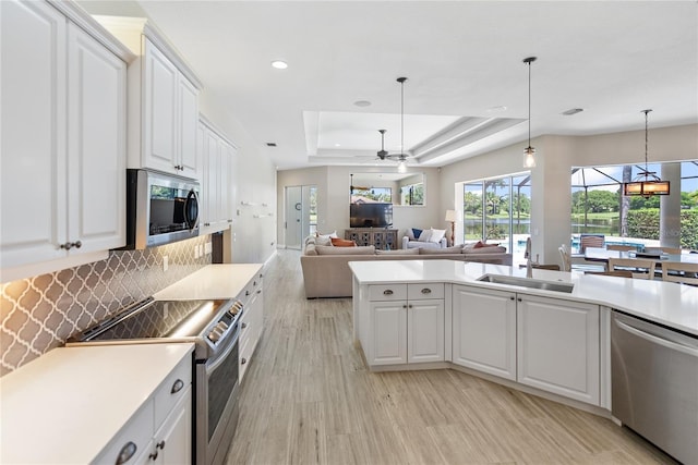 kitchen featuring white cabinets, ceiling fan, stainless steel appliances, and a tray ceiling