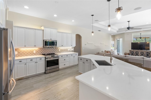 kitchen with white cabinetry, sink, ceiling fan, light hardwood / wood-style floors, and appliances with stainless steel finishes