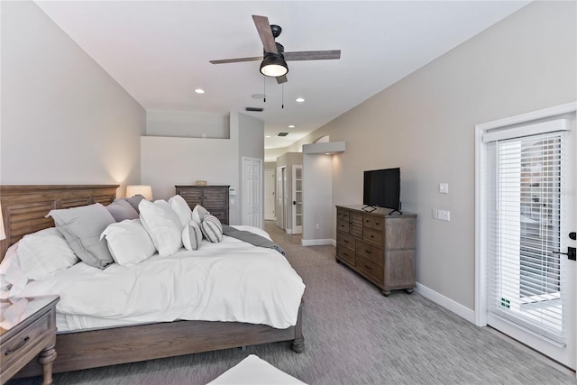 carpeted bedroom with ceiling fan and access to outside