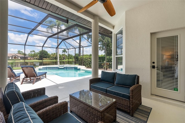 view of pool with outdoor lounge area, a patio, a water view, and a lanai