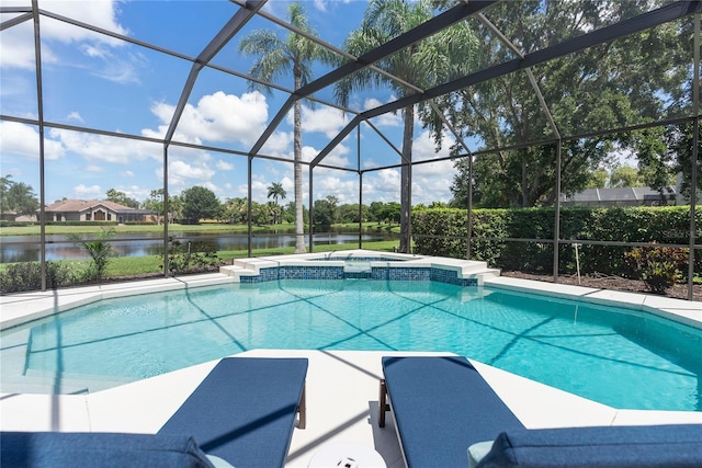 view of swimming pool with a lanai, a water view, and an in ground hot tub