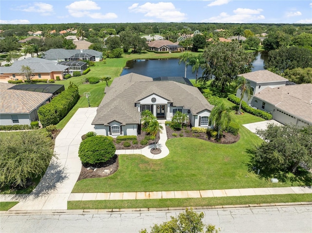 aerial view featuring a water view