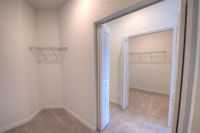 walk in closet with light colored carpet